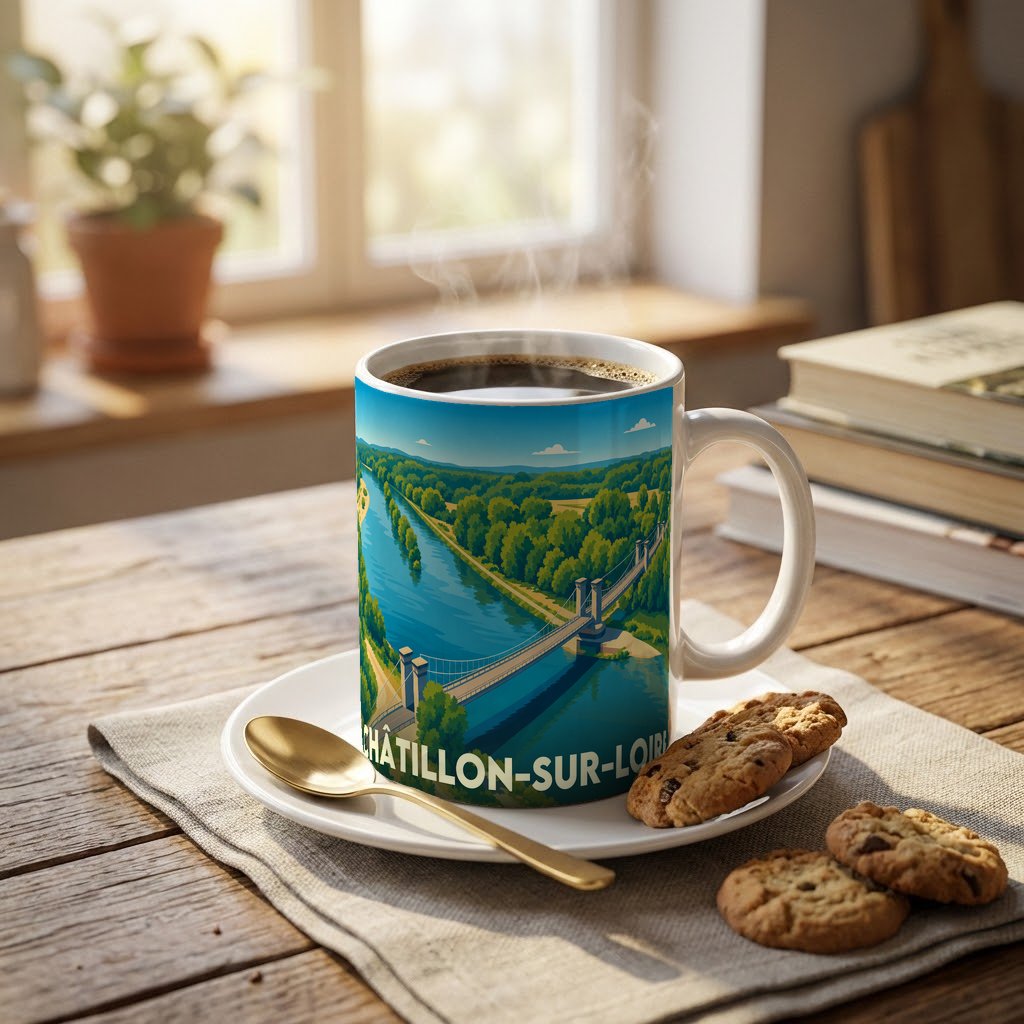 Mug souvenir de la ville de Châtillon-sur-Loire orné d'une illustration stylisée de son pont suspendu et de la Loire.