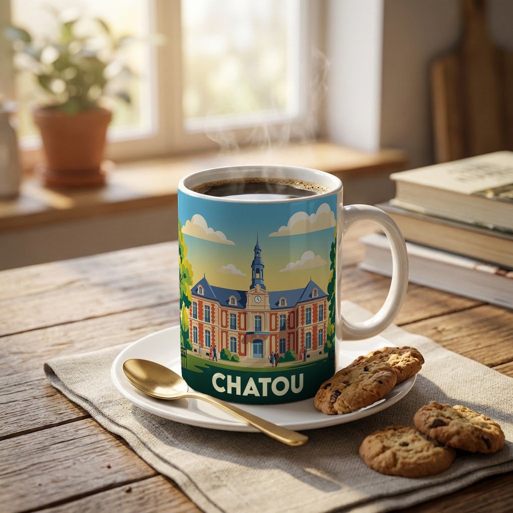 Mug souvenir de la ville de Chatou avec une illustration graphique et colorée.