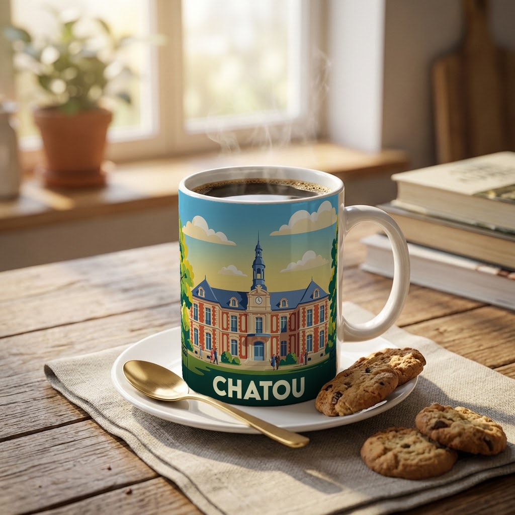 Mug souvenir de la ville de Chatou avec une illustration graphique et colorée.