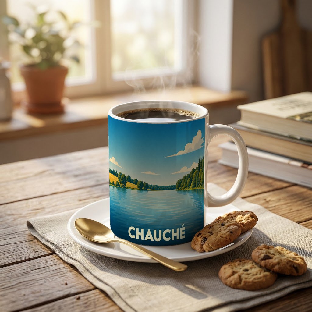 Mug souvenir de la ville de Chauché illustré d'un paysage lacustre stylisé.