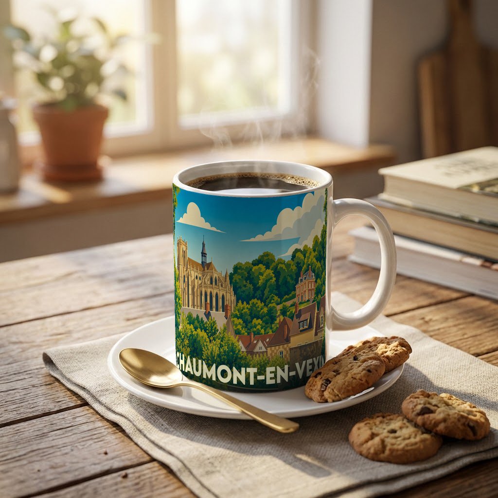 Mug souvenir de la ville de Chaumont-en-Vexin orné d'une illustration paysagère colorée.