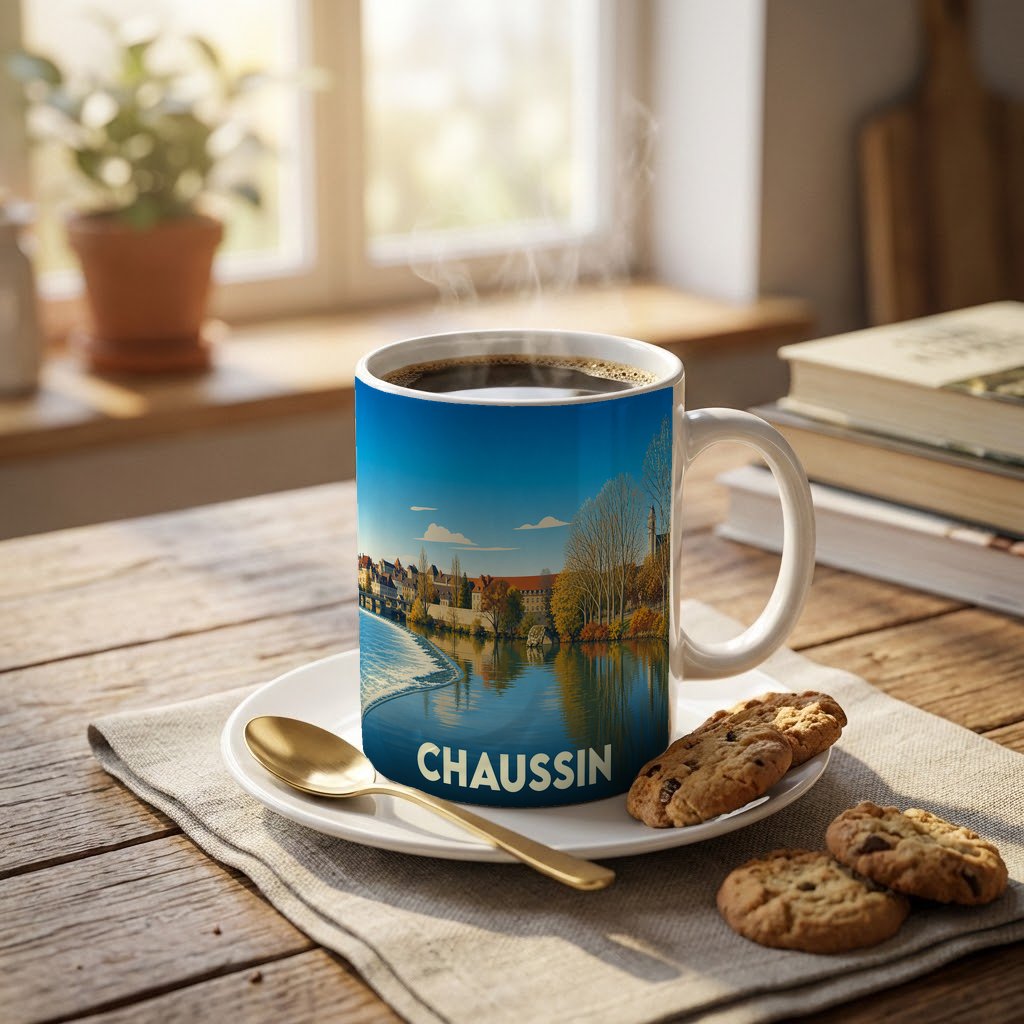 Mug souvenir de la ville de Chaussin orné d'une illustration paysagère stylisée.