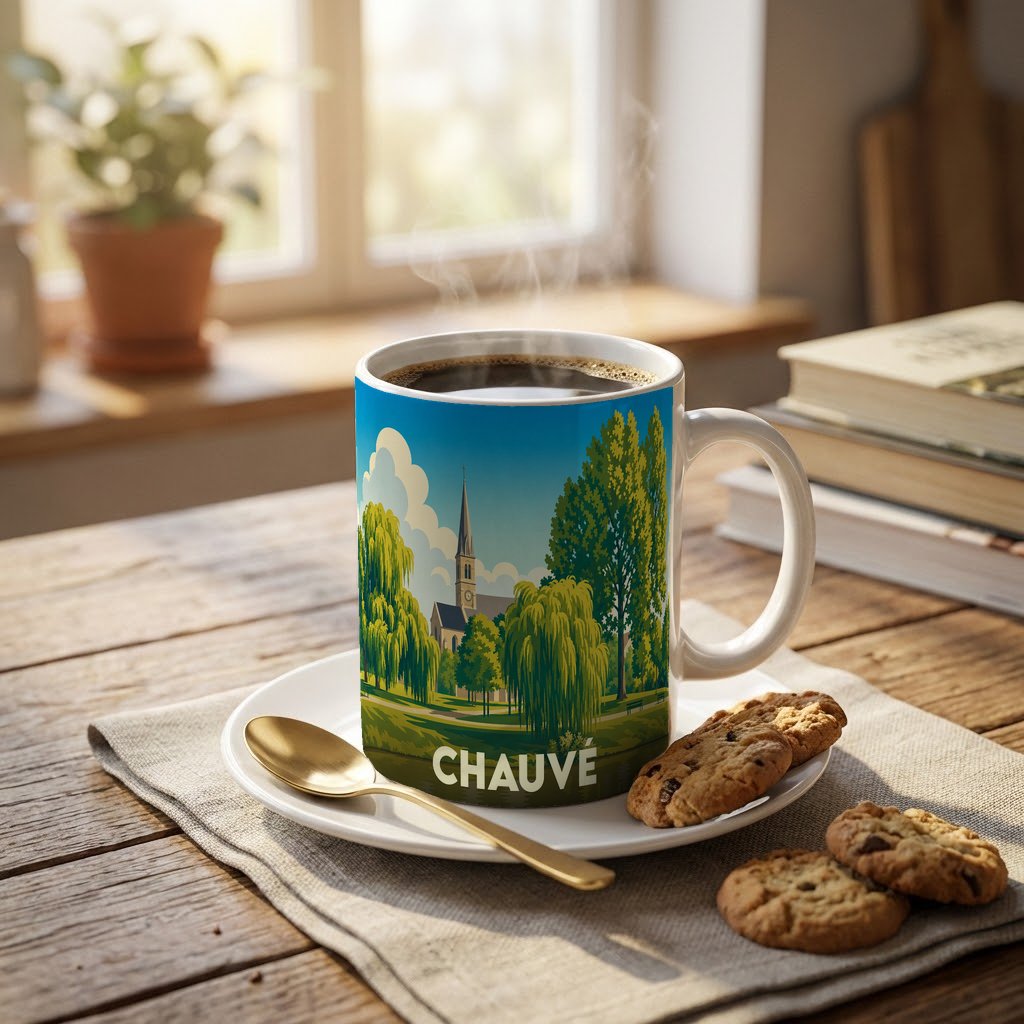Mug souvenir de la ville de Chauvé avec une illustration stylisée de son église et de sa verdure.