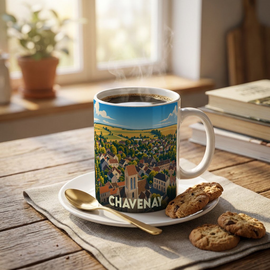 Mug souvenir de la ville de Chavenay avec une illustration stylisée et colorée de ses paysages.