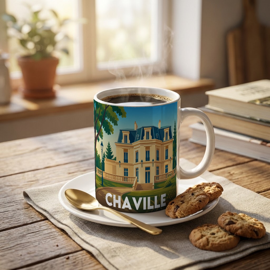 Mug souvenir de la ville de Chaville avec une illustration stylisée.