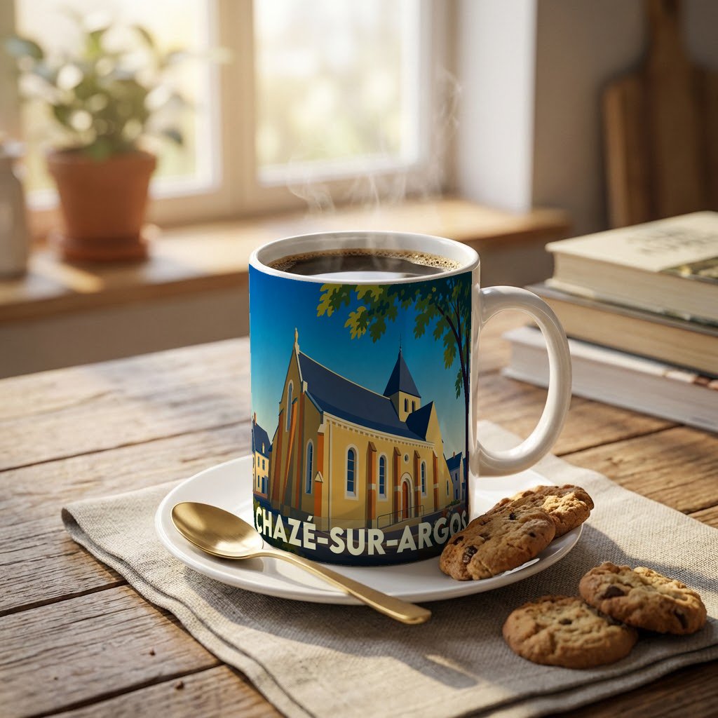 Mug souvenir de la ville de Chazé-sur-Argos orné d'une illustration stylisée de son église.