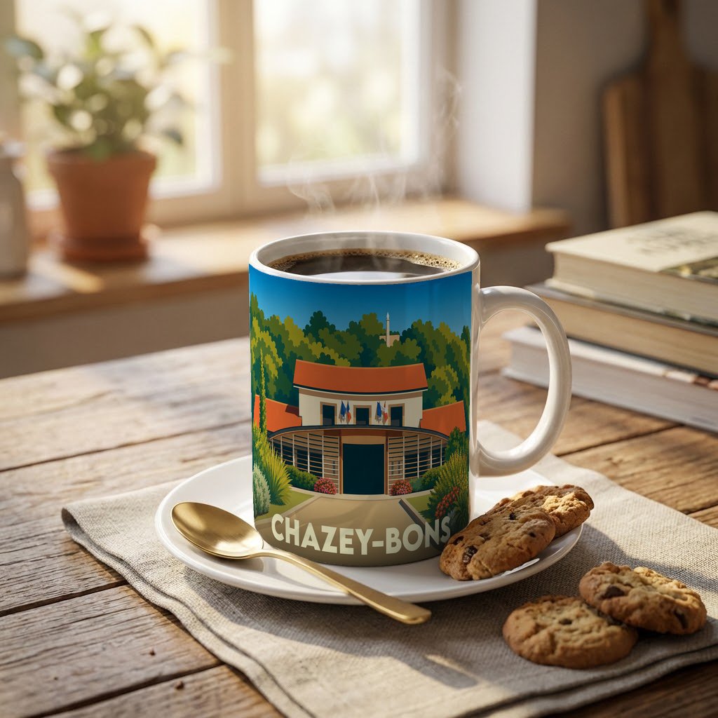 Mug souvenir de la ville de Chazey-Bons avec une illustration stylisée.