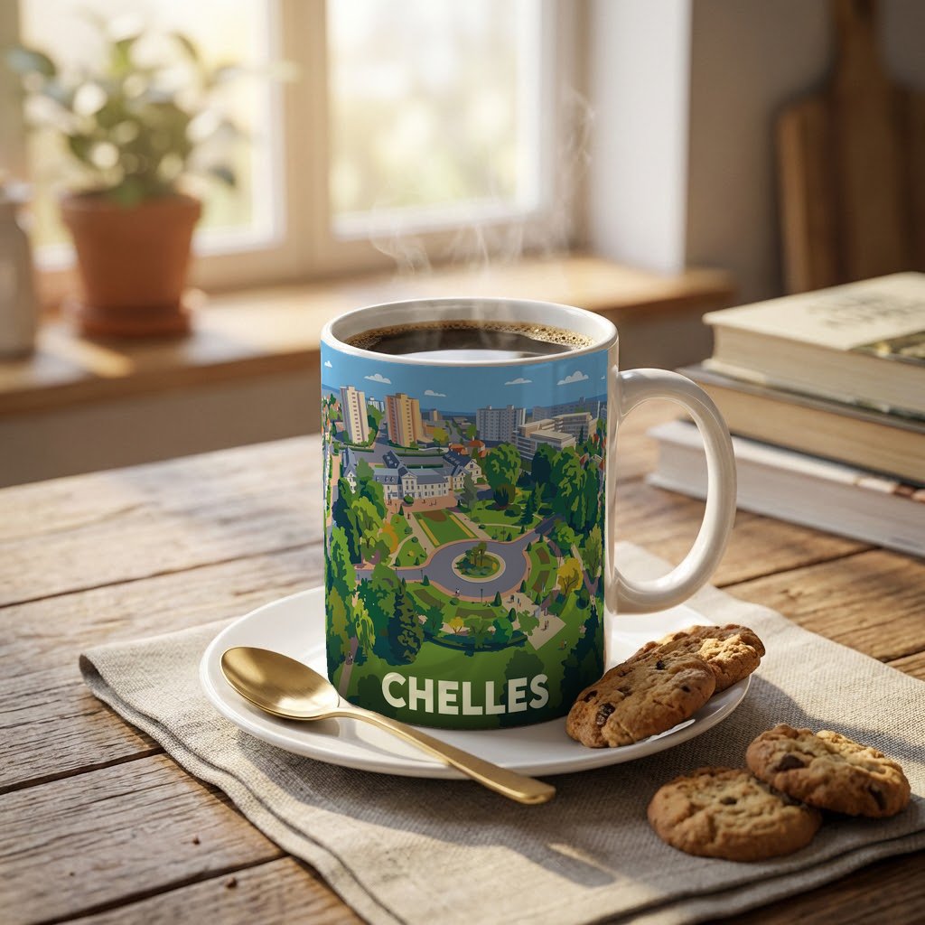 Mug souvenir de la ville de Chelles avec une illustration stylisée.