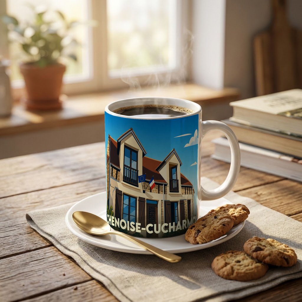 Mug souvenir de la ville de Chenoise-Cucharmoy orné d'une illustration stylisée de sa mairie.