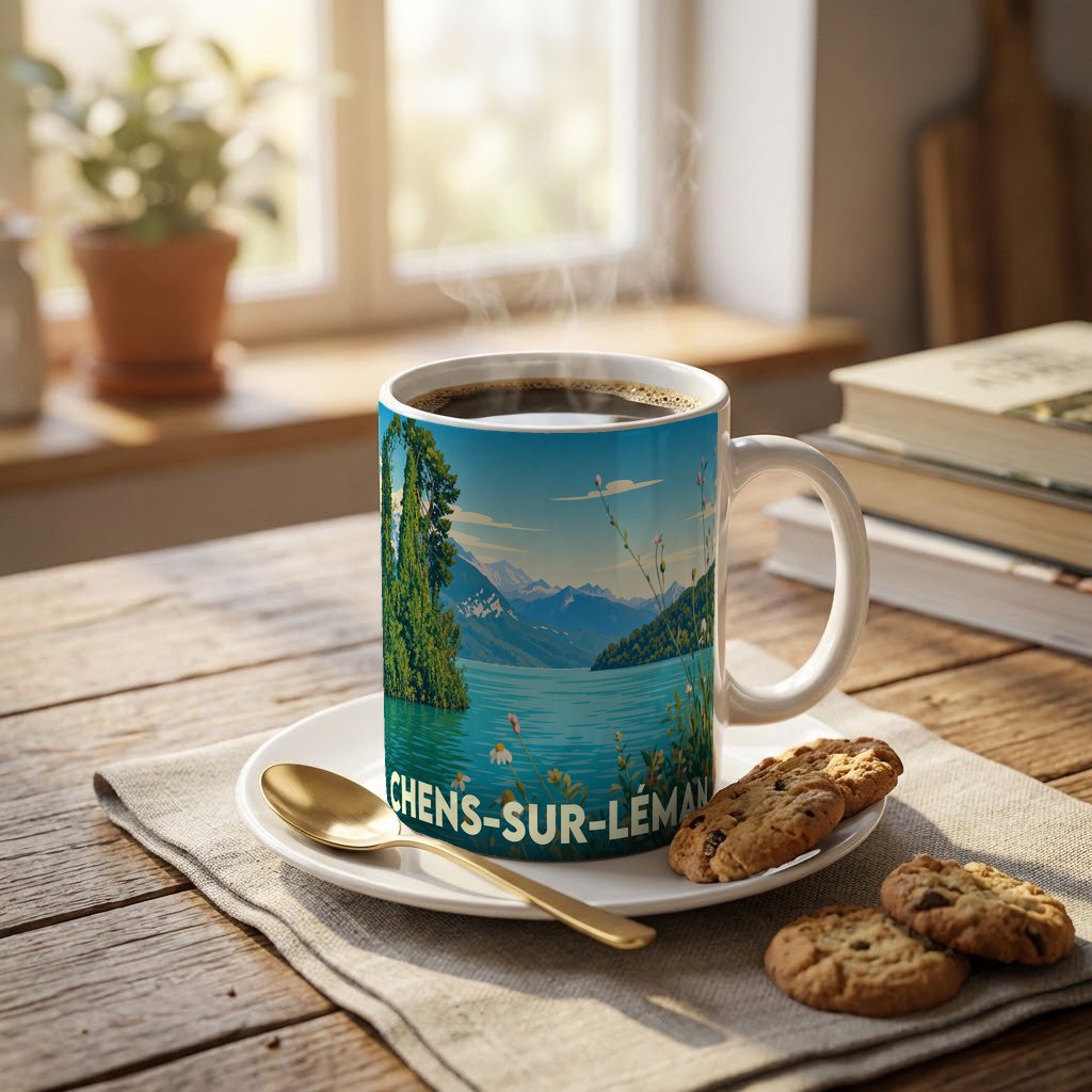 Mug souvenir de la ville de Chens-sur-Léman avec une illustration stylisée du lac et des montagnes.