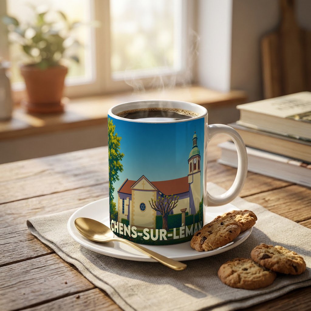 Mug souvenir de la ville de Chens-sur-Léman avec une illustration stylisée de son église.