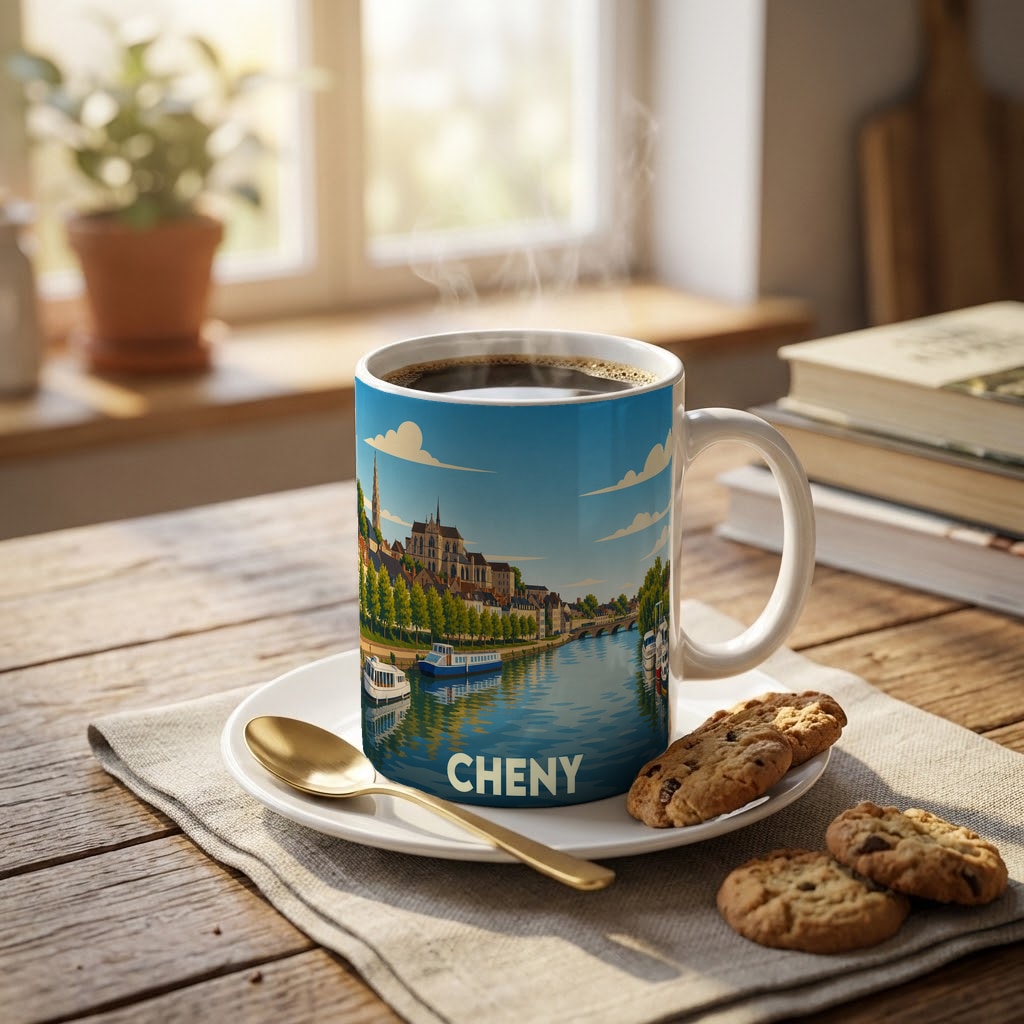 Mug souvenir de la ville de Cheny orné d'une illustration stylisée de son paysage fluvial.