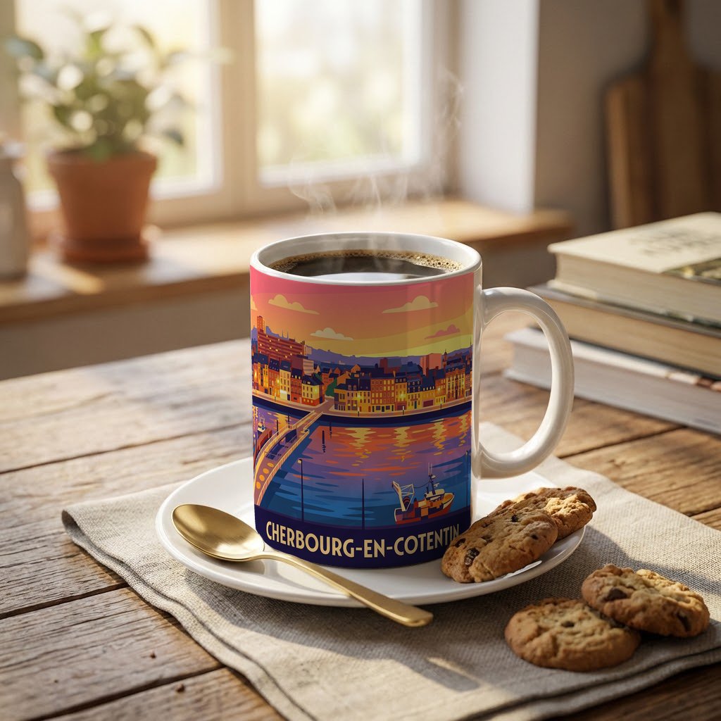 Mug souvenir de la ville de Cherbourg-en-Cotentin avec une illustration stylisée.