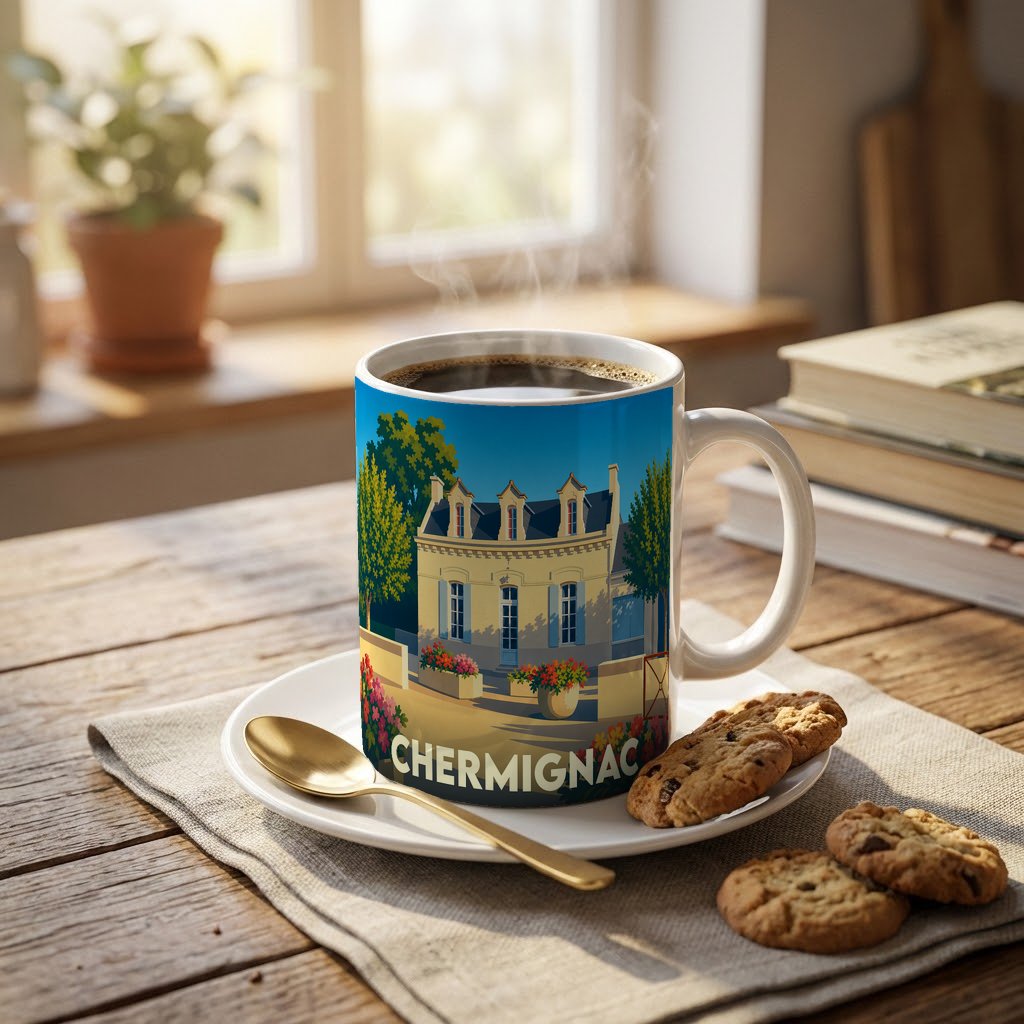 Mug souvenir de la ville de Chermignac illustré d'un bâtiment typique sous un ciel bleu.