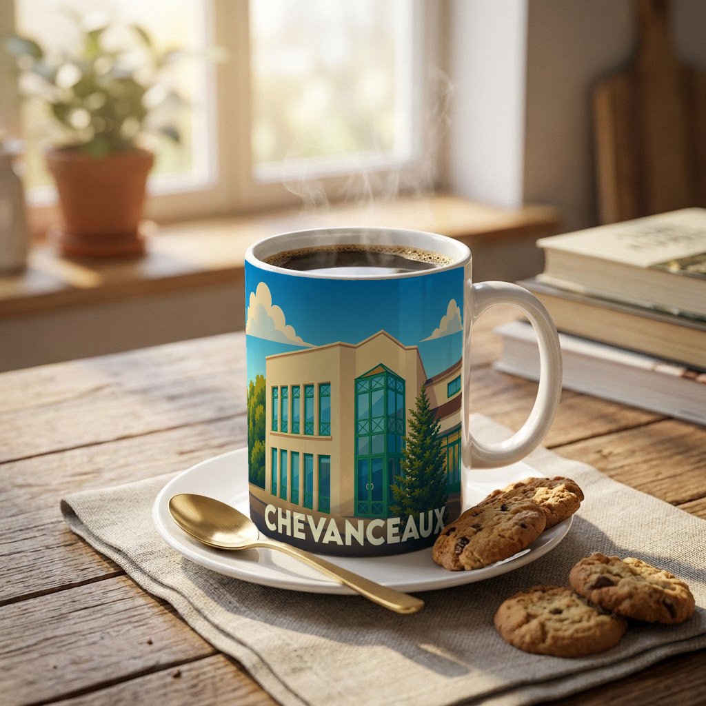 Mug souvenir de la ville de Chevanceaux illustré par un dessin stylisé de son architecture locale.