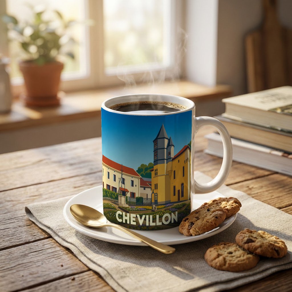 Mug souvenir de la ville de Chevillon orné d'une illustration stylisée de son patrimoine architectural.