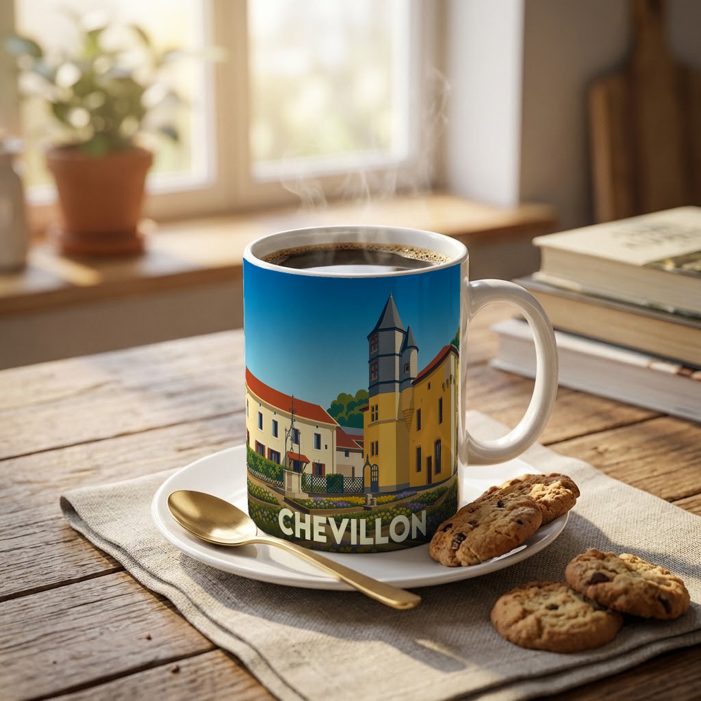 Mug souvenir de la ville de Chevillon orné d'une illustration stylisée de son patrimoine architectural.