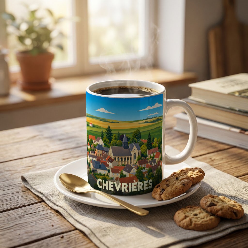 Mug souvenir de la ville de Chevrières orné d'une illustration stylisée de son paysage et de son église.