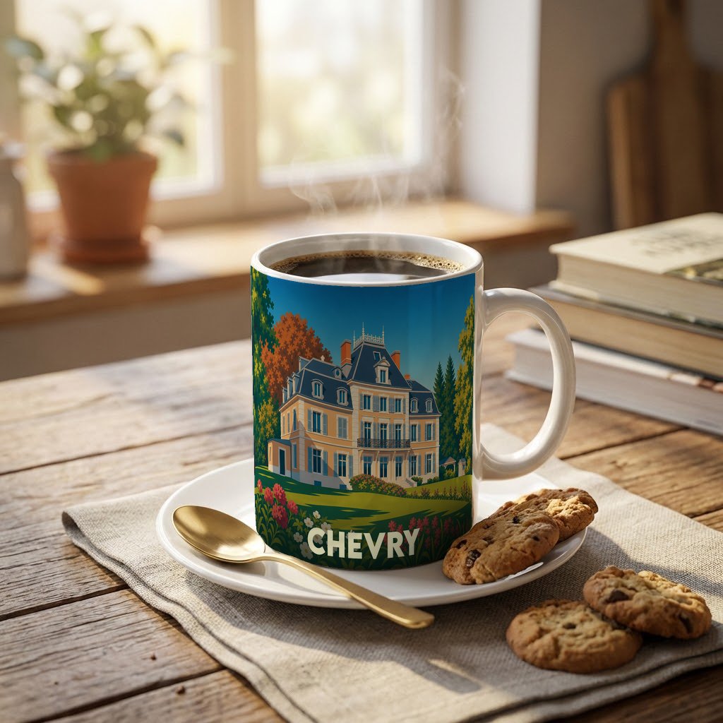 Mug souvenir de la ville de Chevry orné d'une illustration stylisée d'un manoir.