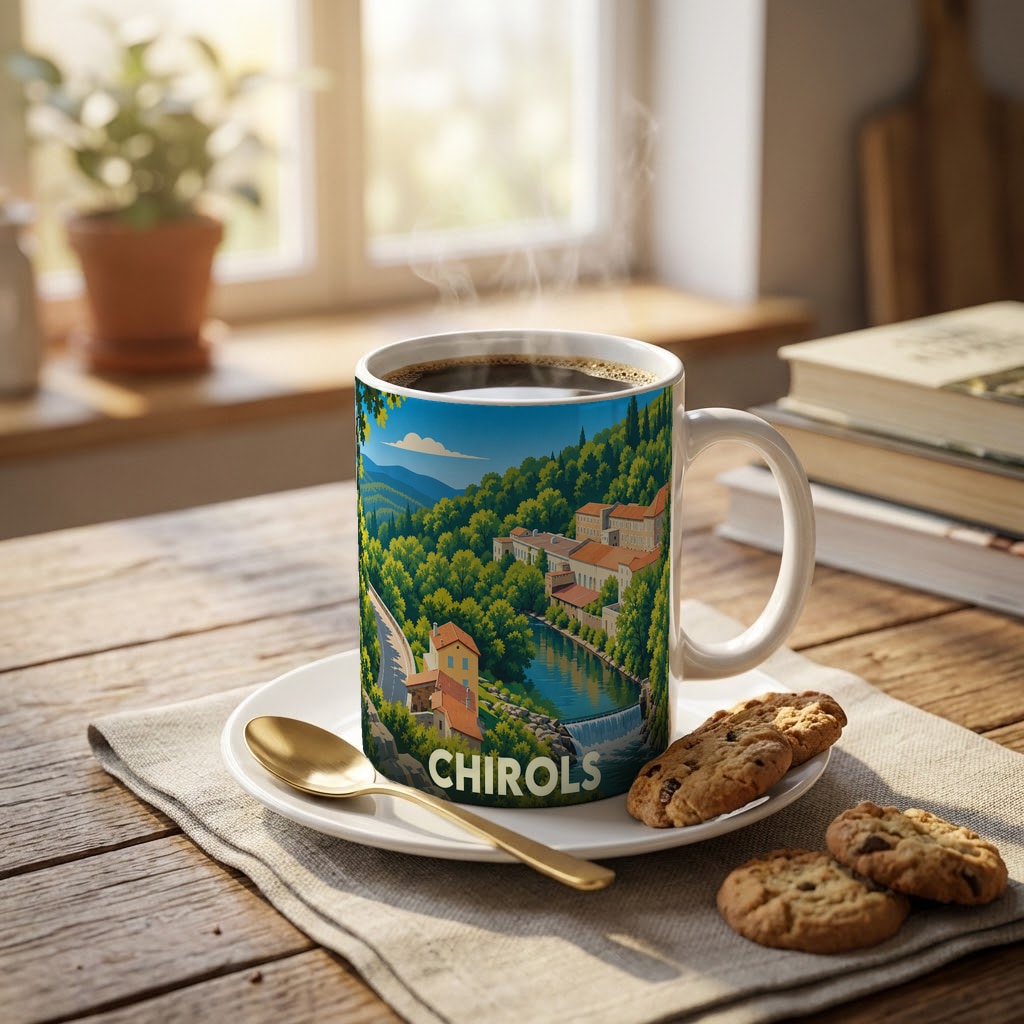 Mug souvenir de la ville de Chirols avec une illustration stylisée de son paysage montagneux et de sa rivière.