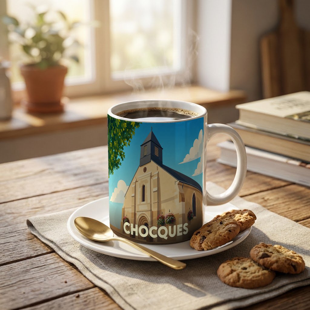 Mug souvenir de la ville de Chocques orné d'une illustration stylisée de son église.