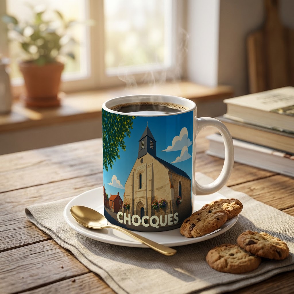 Mug souvenir de la ville de Chocques orné d'une illustration stylisée de son église.