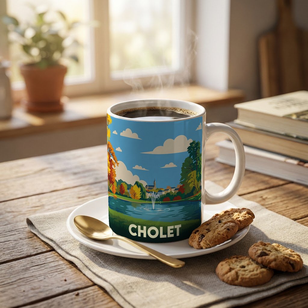 Mug souvenir de la ville de Cholet avec une illustration stylisée d'un parc et de son lac.