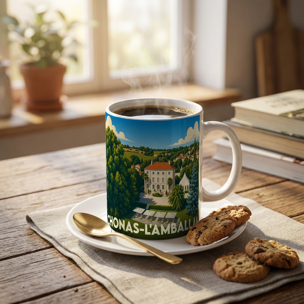 Mug souvenir de la ville de Chonas-l'Amballan orné d'une illustration stylisée de son paysage et de son patrimoine.