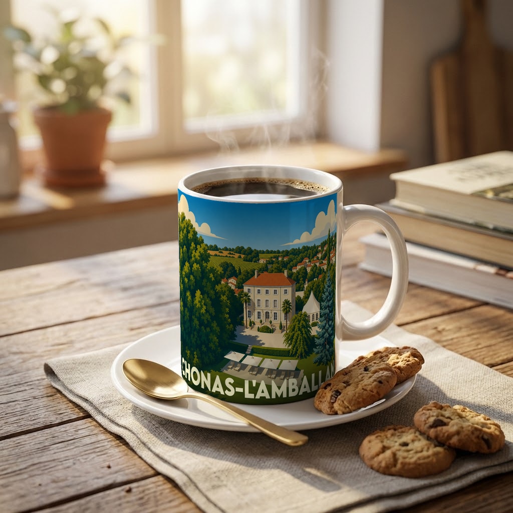 Mug souvenir de la ville de Chonas-l'Amballan orné d'une illustration stylisée de son paysage et de son patrimoine.