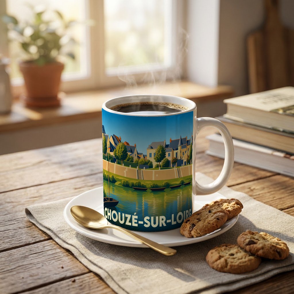 Mug souvenir de la ville de Chouzé-sur-Loire avec une illustration stylisée des bords de Loire.