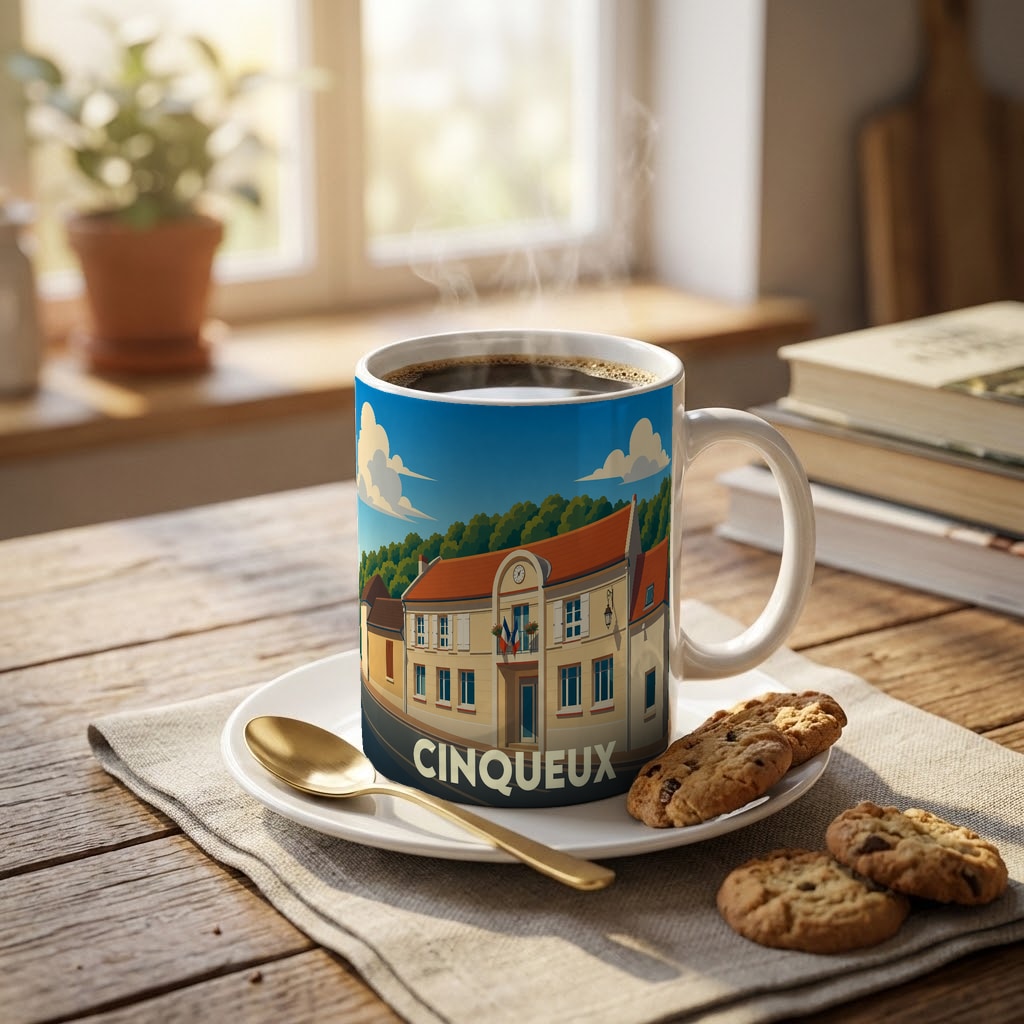 Mug souvenir de la ville de Cinqueux avec une illustration stylisée de sa mairie.