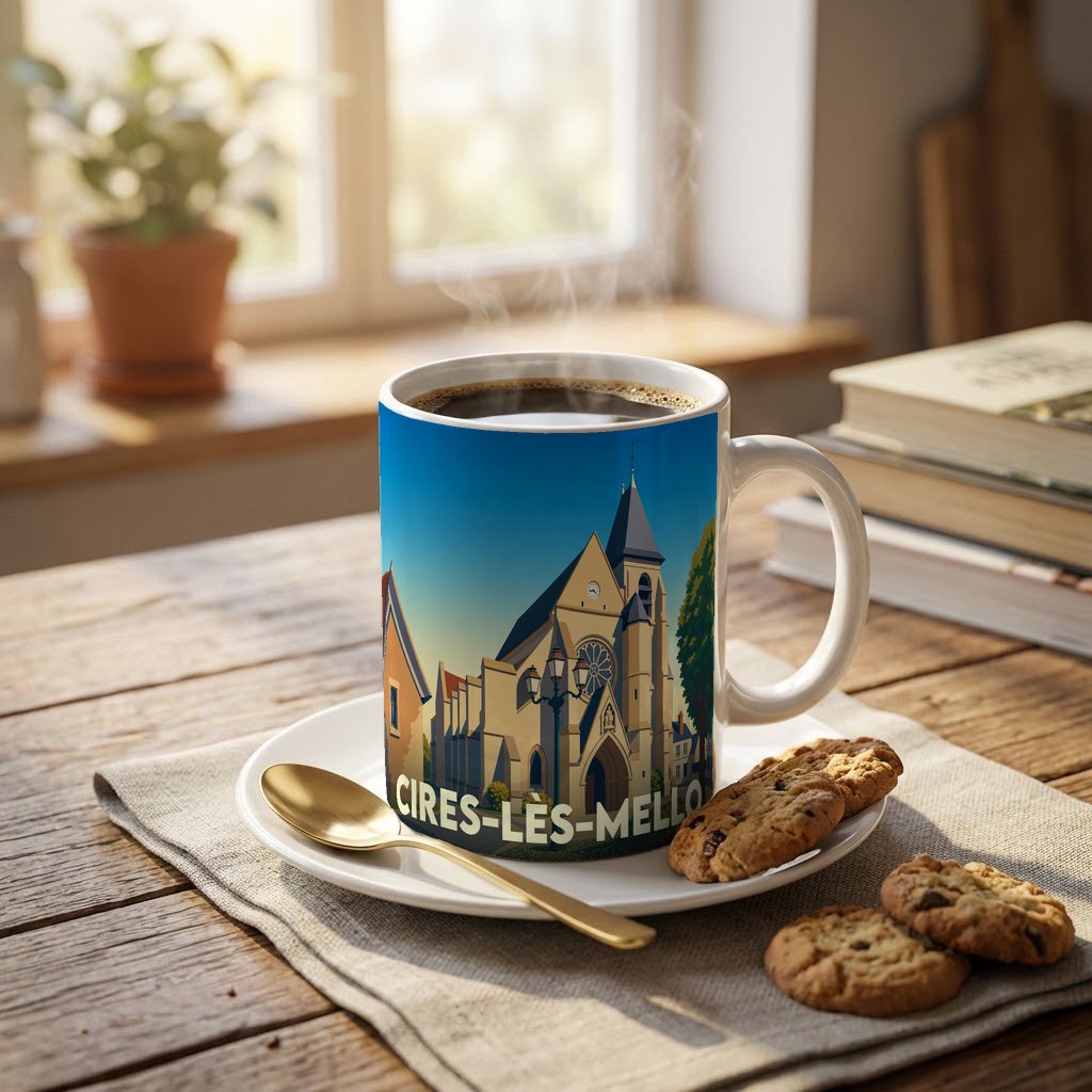 Mug souvenir de la ville de Cires-lès-Mello orné d'une illustration stylisée de son église.