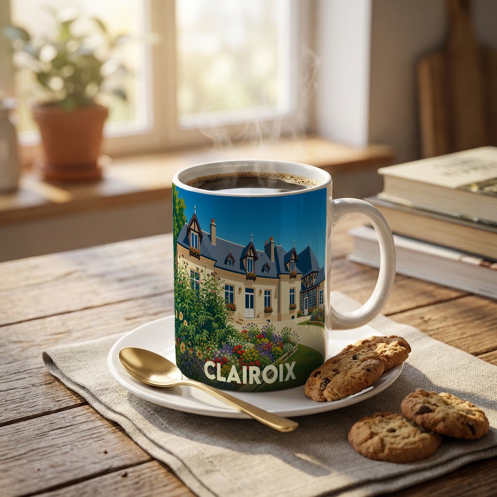 Mug souvenir de la ville de Clairoix orné d'une illustration stylisée représentant un manoir fleuri.