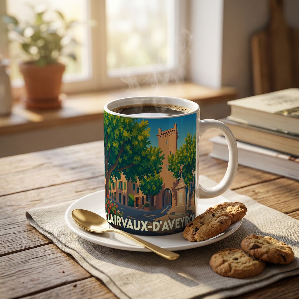 Mug souvenir de la ville de Clairvaux-d'Aveyron orné d'une illustration stylisée de son patrimoine.
