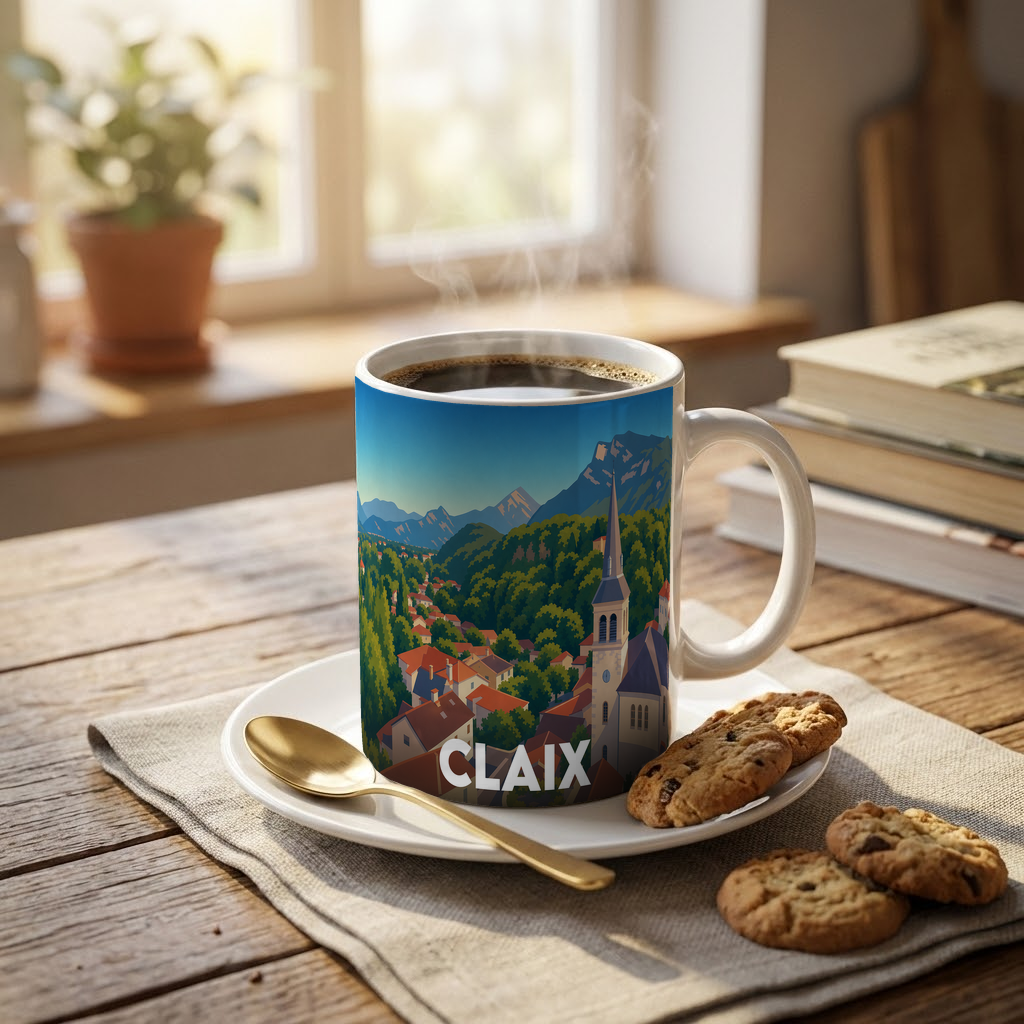 Mug souvenir de la ville de Claix avec une illustration stylisée d'un paysage de montagne.