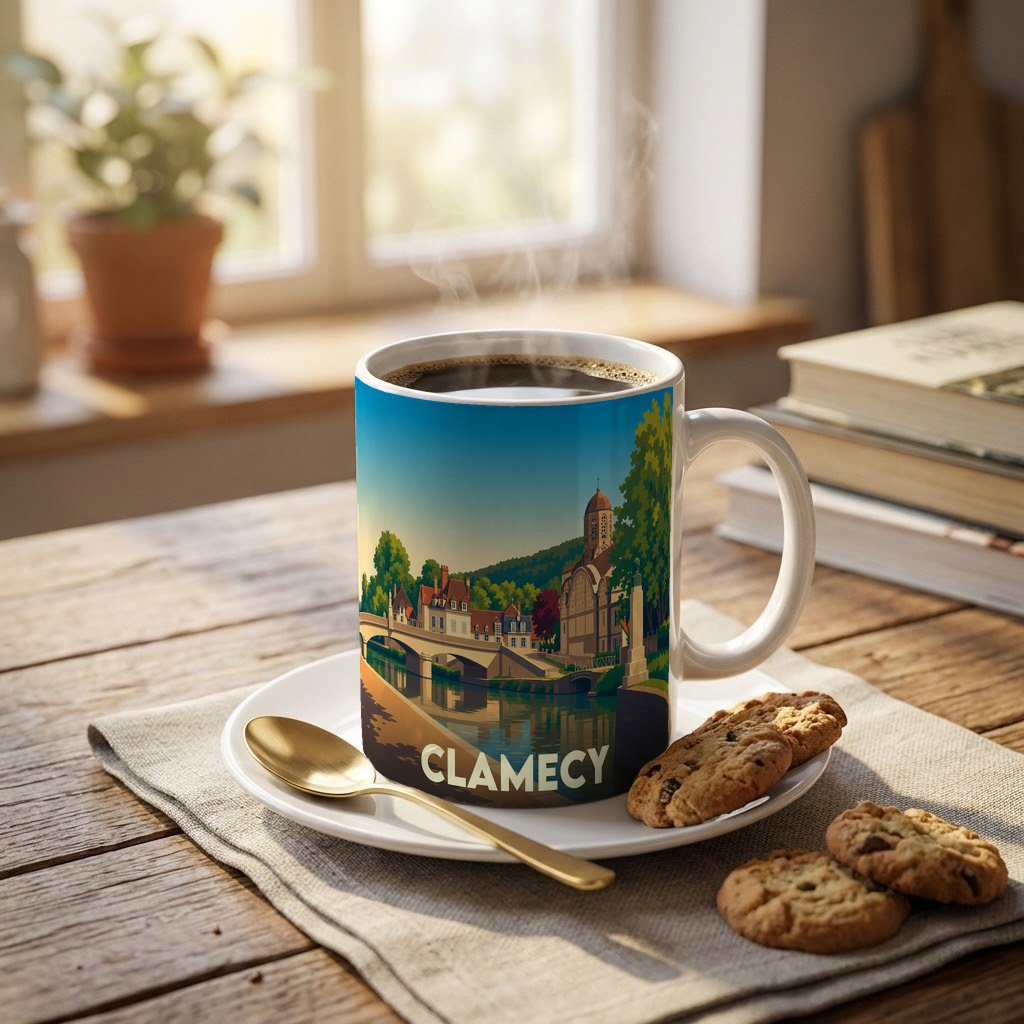Mug souvenir de la ville de Clamecy avec une illustration stylisée représentant un pont et une église au bord de l'eau.
