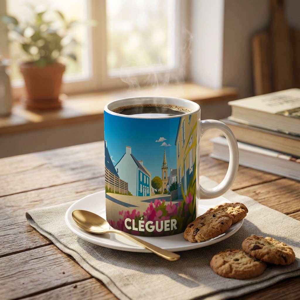 Mug souvenir de la ville de Cléguer arborant une illustration stylisée de ses rues et de son clocher.