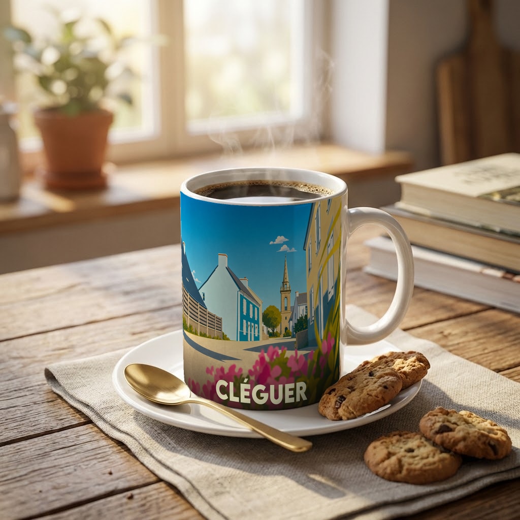 Mug souvenir de la ville de Cléguer arborant une illustration stylisée de ses rues et de son clocher.