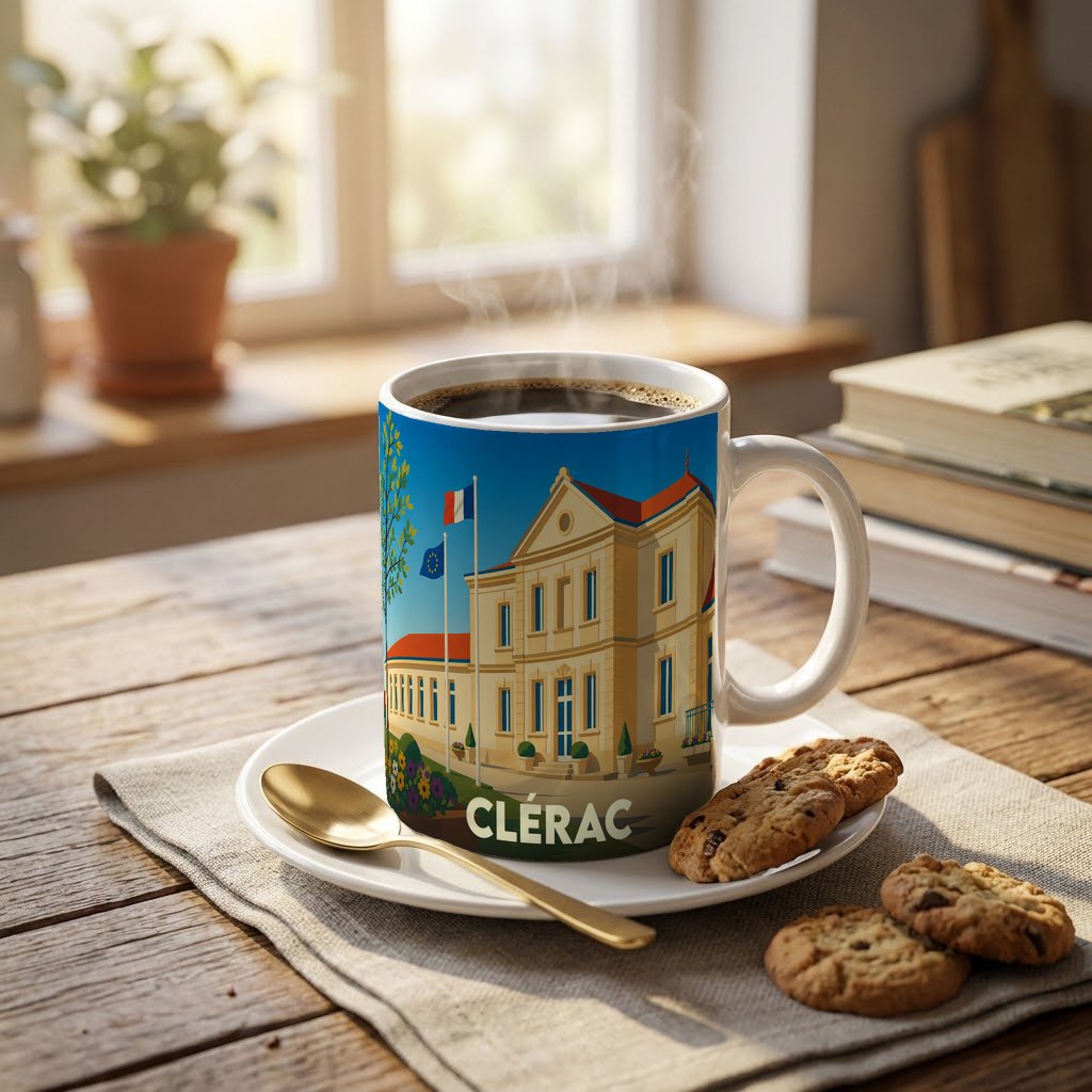 Mug souvenir de la ville de Clérac avec une illustration stylisée de son hôtel de ville.