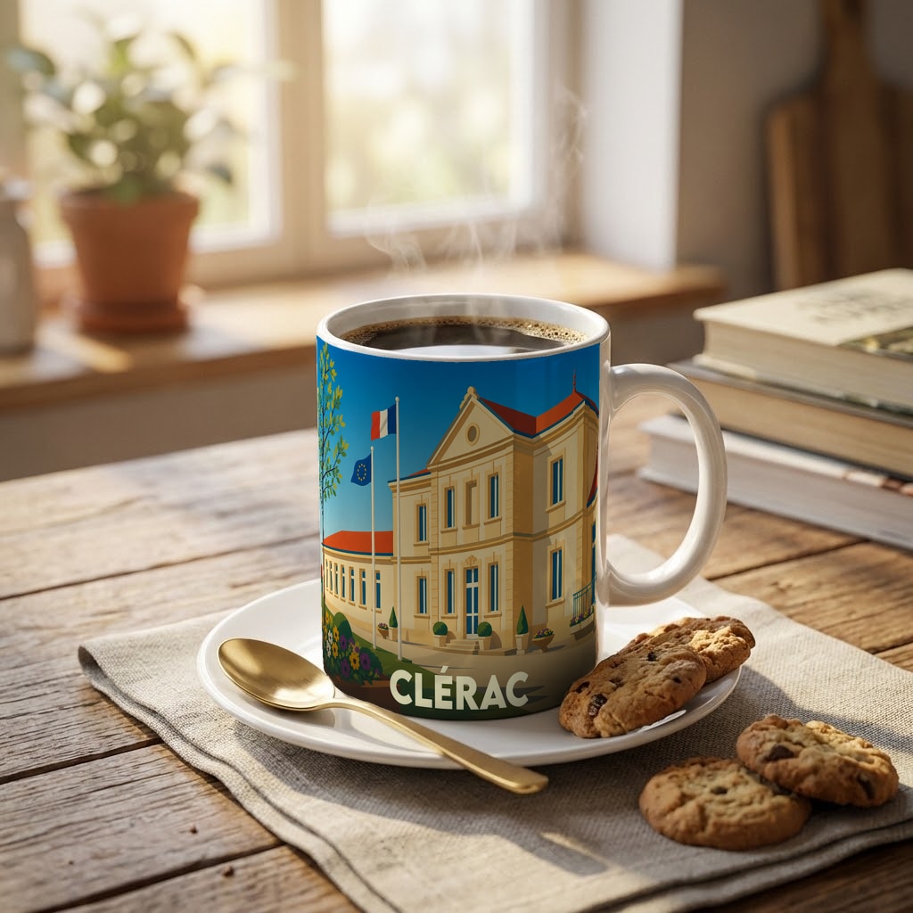 Mug souvenir de la ville de Clérac avec une illustration stylisée de son hôtel de ville.