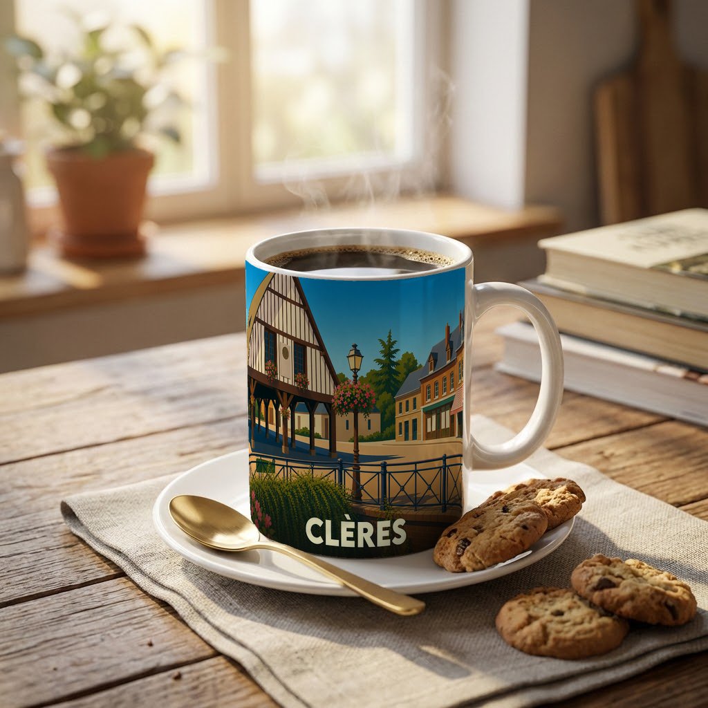 Mug souvenir de la ville de Clères orné d'une illustration stylisée de ses maisons à colombages.