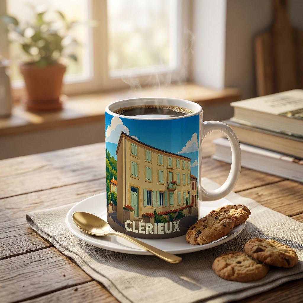 Mug souvenir de la ville de Clérieux orné d'une illustration stylisée d'un bâtiment traditionnel.