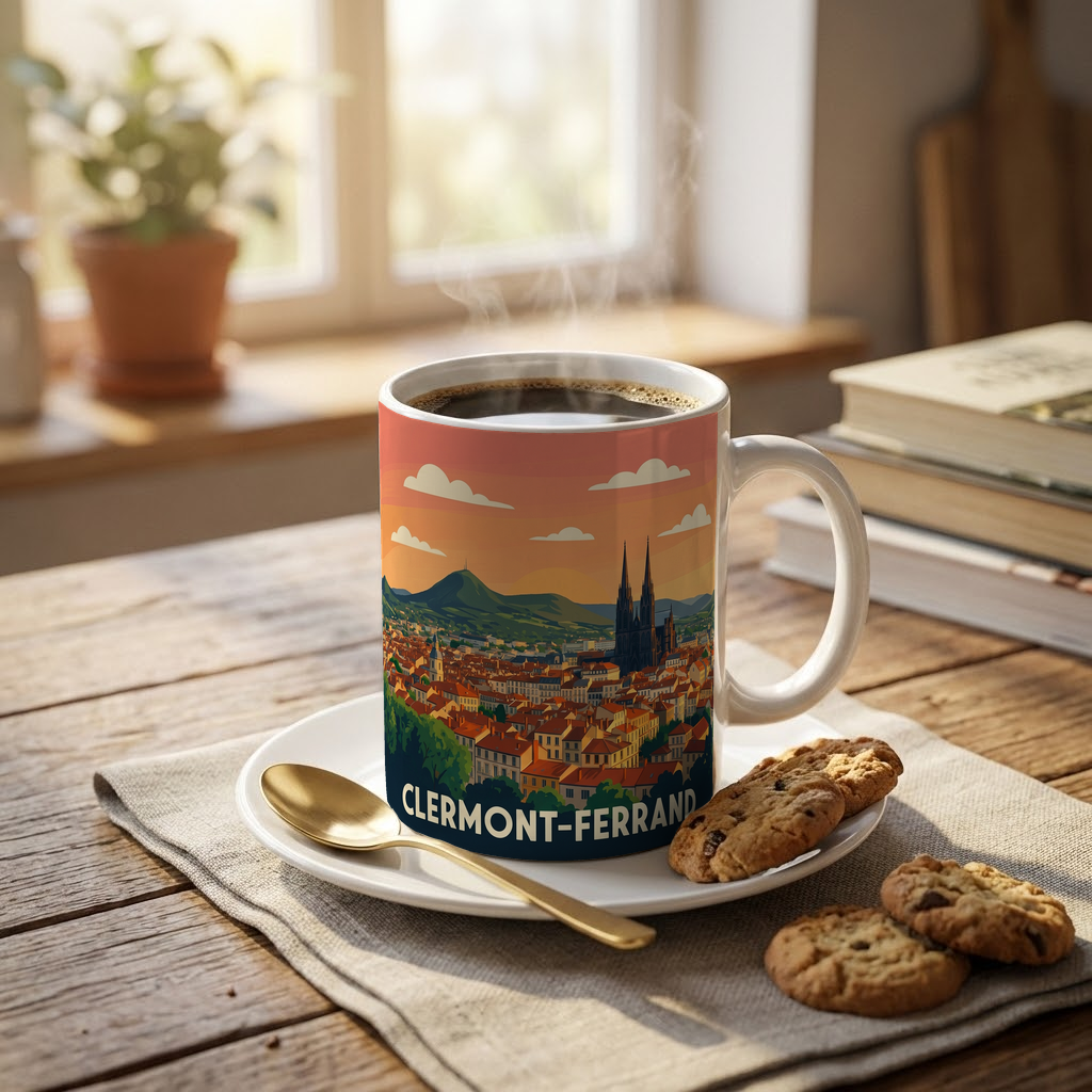 Mug souvenir de la ville de Clermont-Ferrand avec une illustration stylisée.