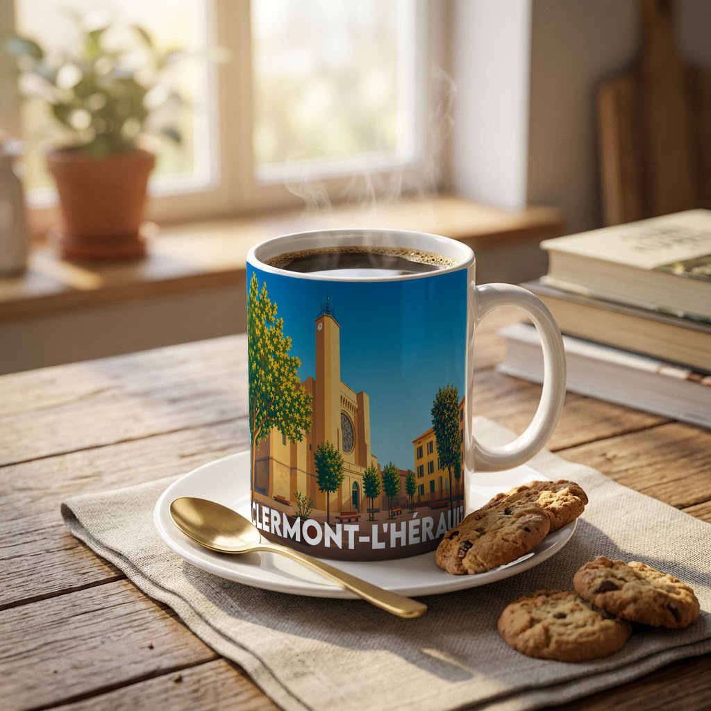 Mug souvenir de la ville de Clermont-l'Hérault avec une illustration stylisée.