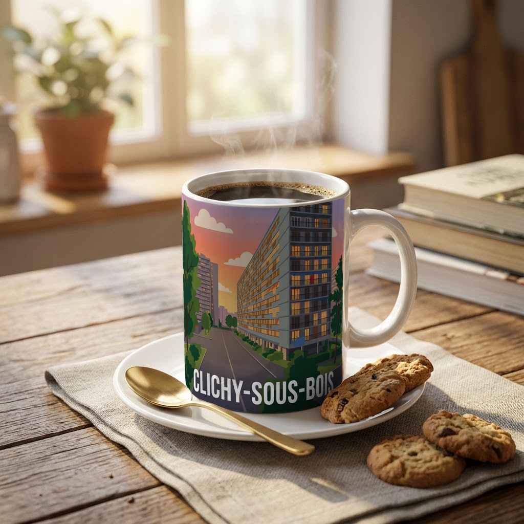 Mug souvenir de la ville de Clichy-sous-Bois avec une illustration stylisée d'un paysage urbain.