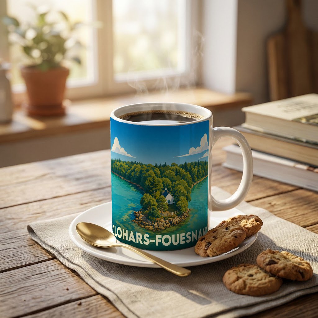 Mug souvenir de la ville de Clohars-Fouesnant orné d'une illustration stylisée d'un paysage côtier breton.