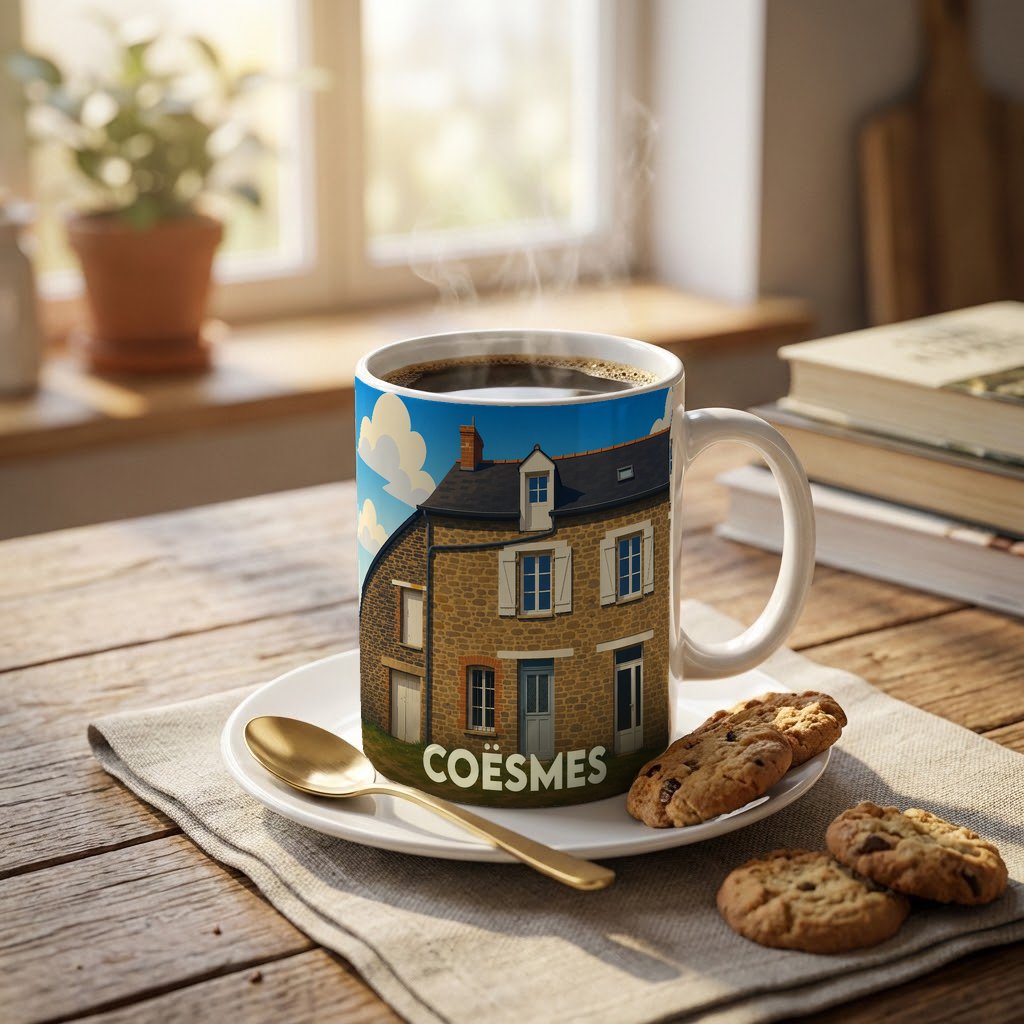 Mug souvenir de la ville de Coësmes orné d'une illustration stylisée d'une maison traditionnelle en pierre.