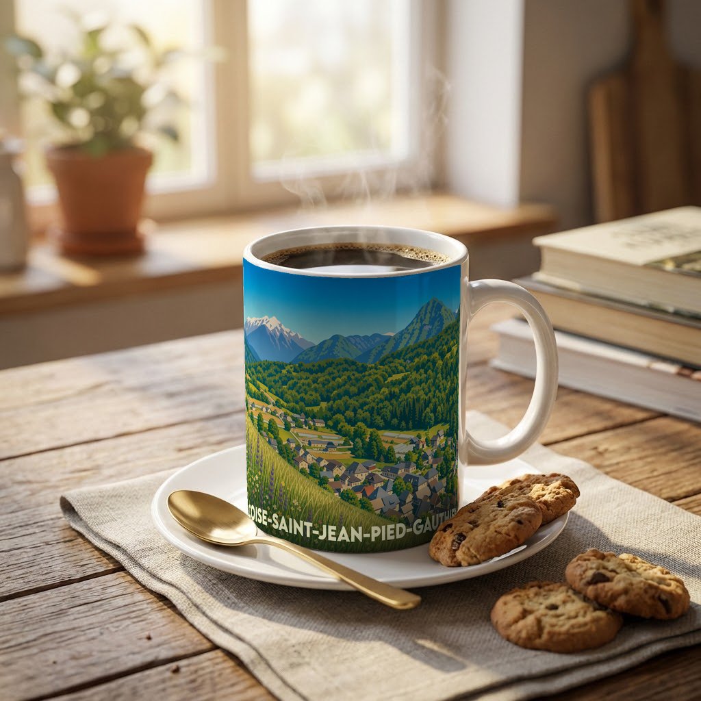 Mug souvenir de la ville de Coise-Saint-Jean-Pied-Gauthier avec une illustration stylisée de ses paysages montagneux.