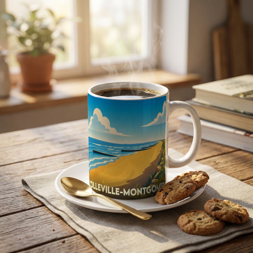 Mug souvenir de la ville de Colleville-Montgomery avec une illustration stylisée d'une plage.