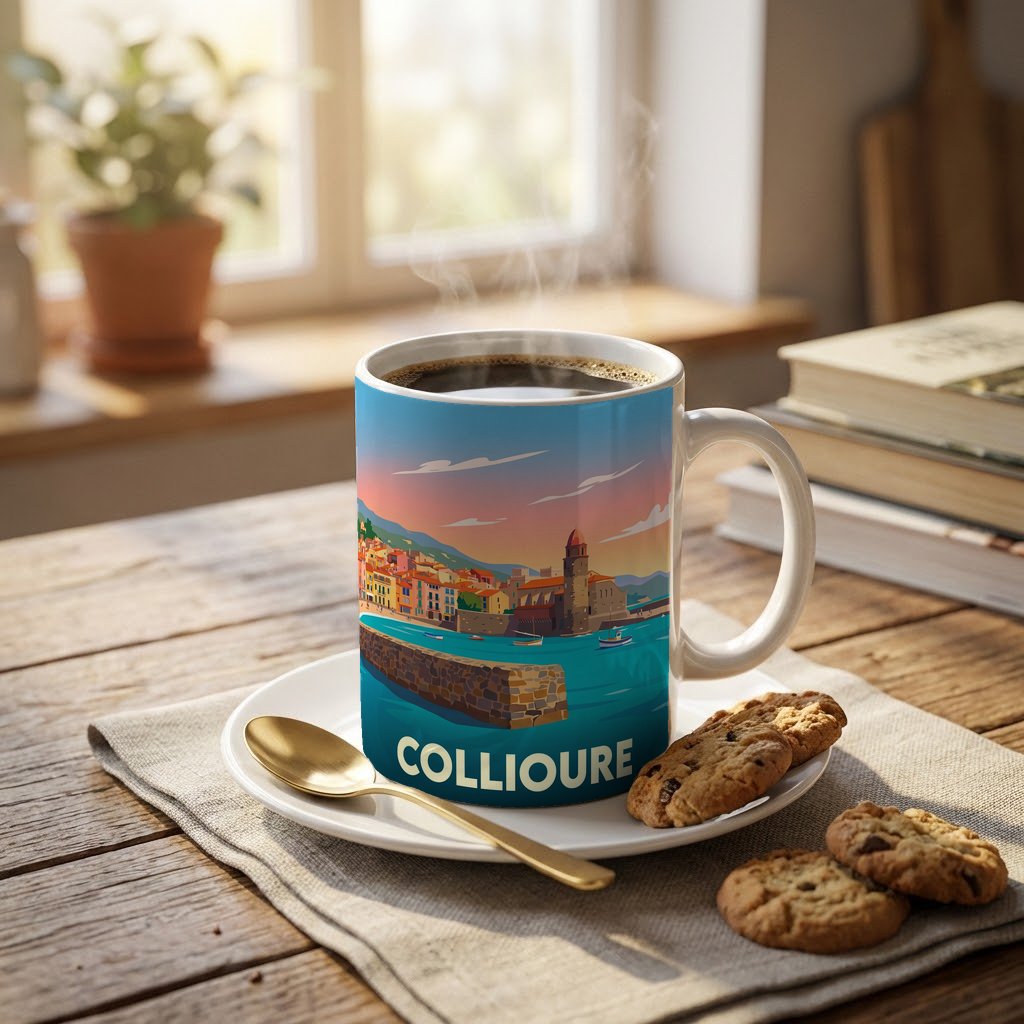 Mug souvenir de la ville de Collioure avec une illustration graphique colorée de son littoral.